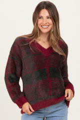 Burgundy Plaid Fuzzy Knit V-Neck Maternity Sweater