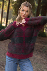 Burgundy Plaid Fuzzy Knit V-Neck Maternity Sweater