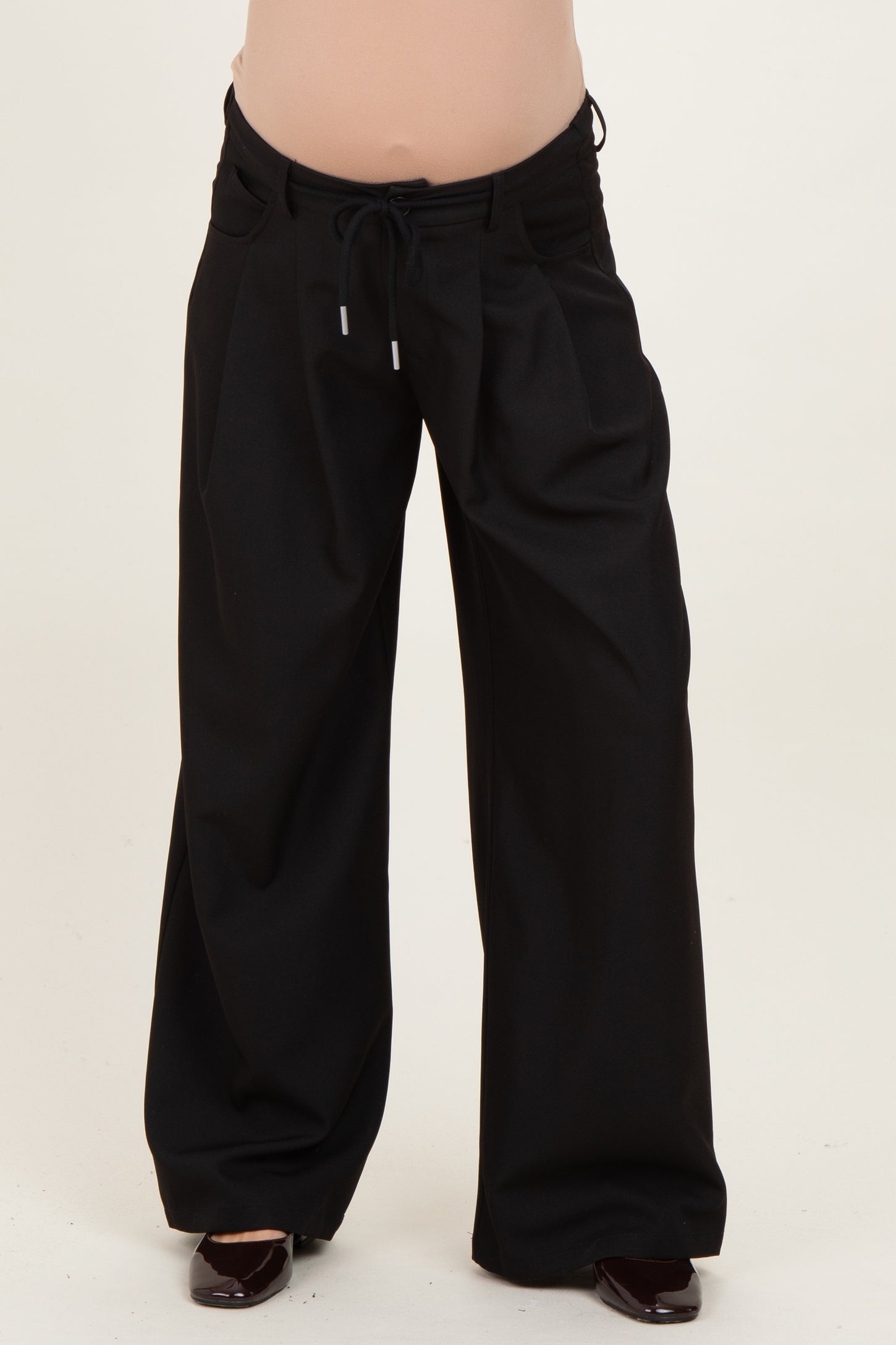 Black Drawstring Pleated Maternity Wide Leg Trousers