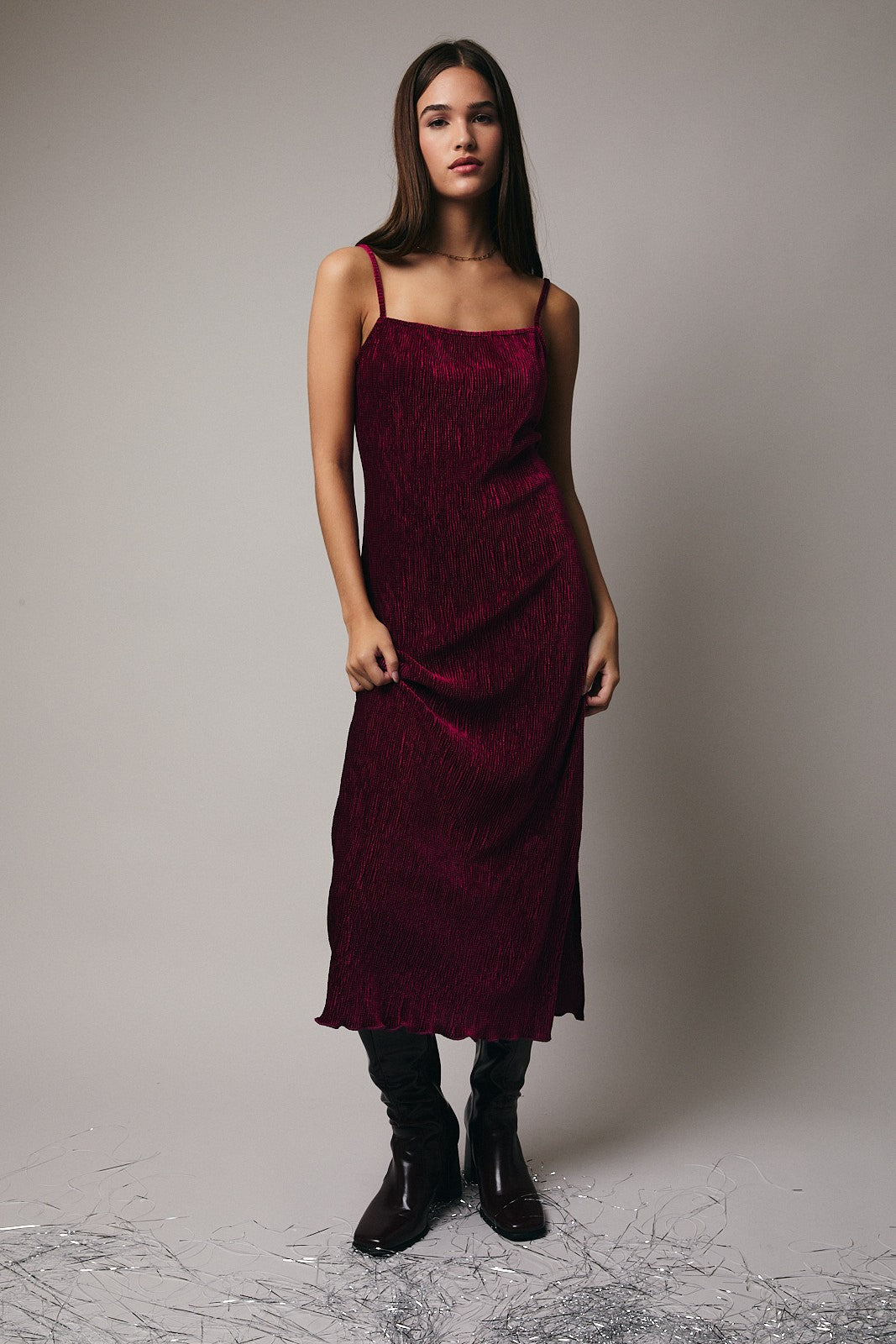 Burgundy Velvet Sleeveless Side Slit Midi Dress