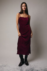 Burgundy Velvet Sleeveless Side Slit Midi Dress