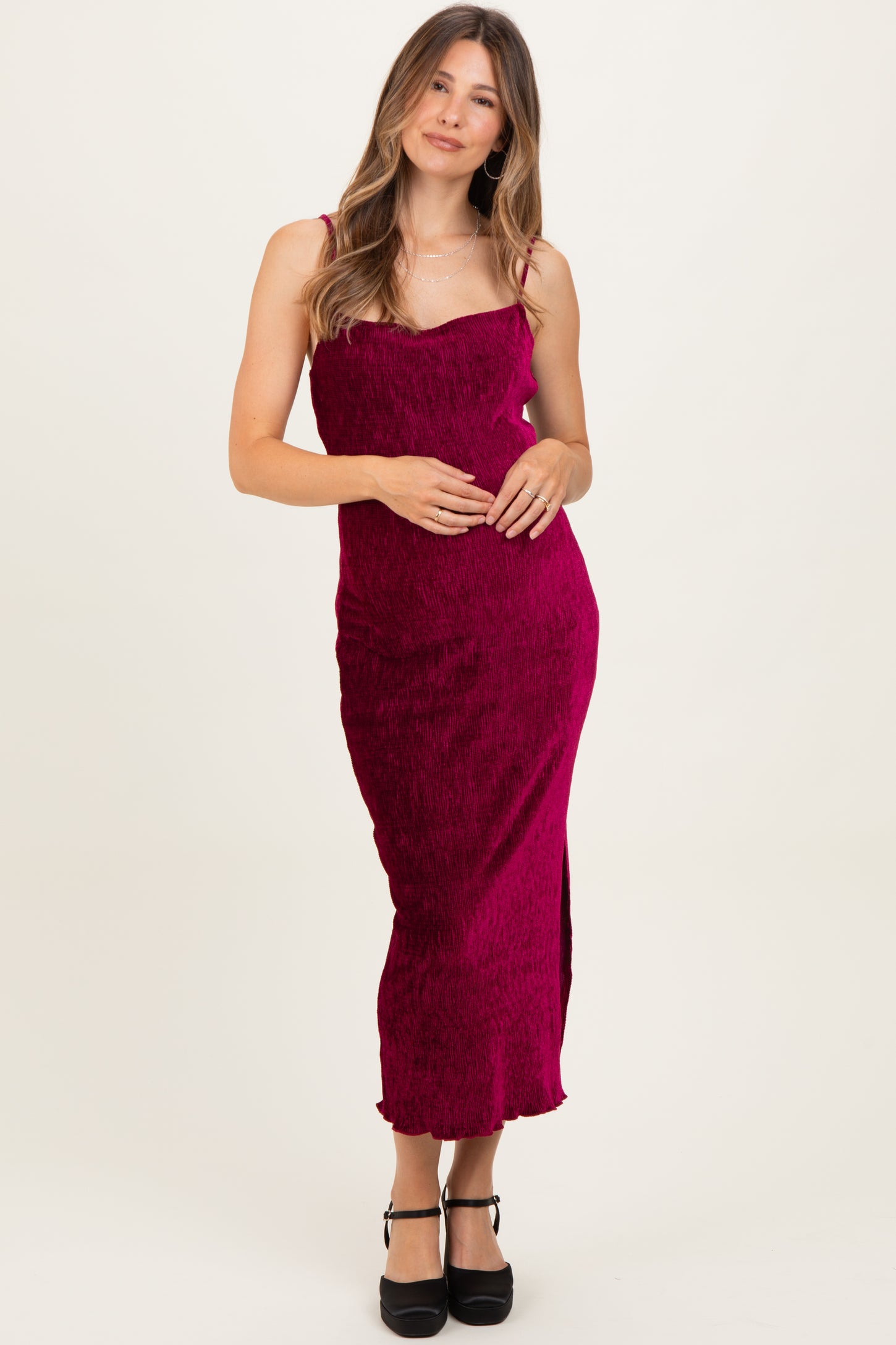 Burgundy Velvet Sleeveless Side Slit Maternity Midi Dress