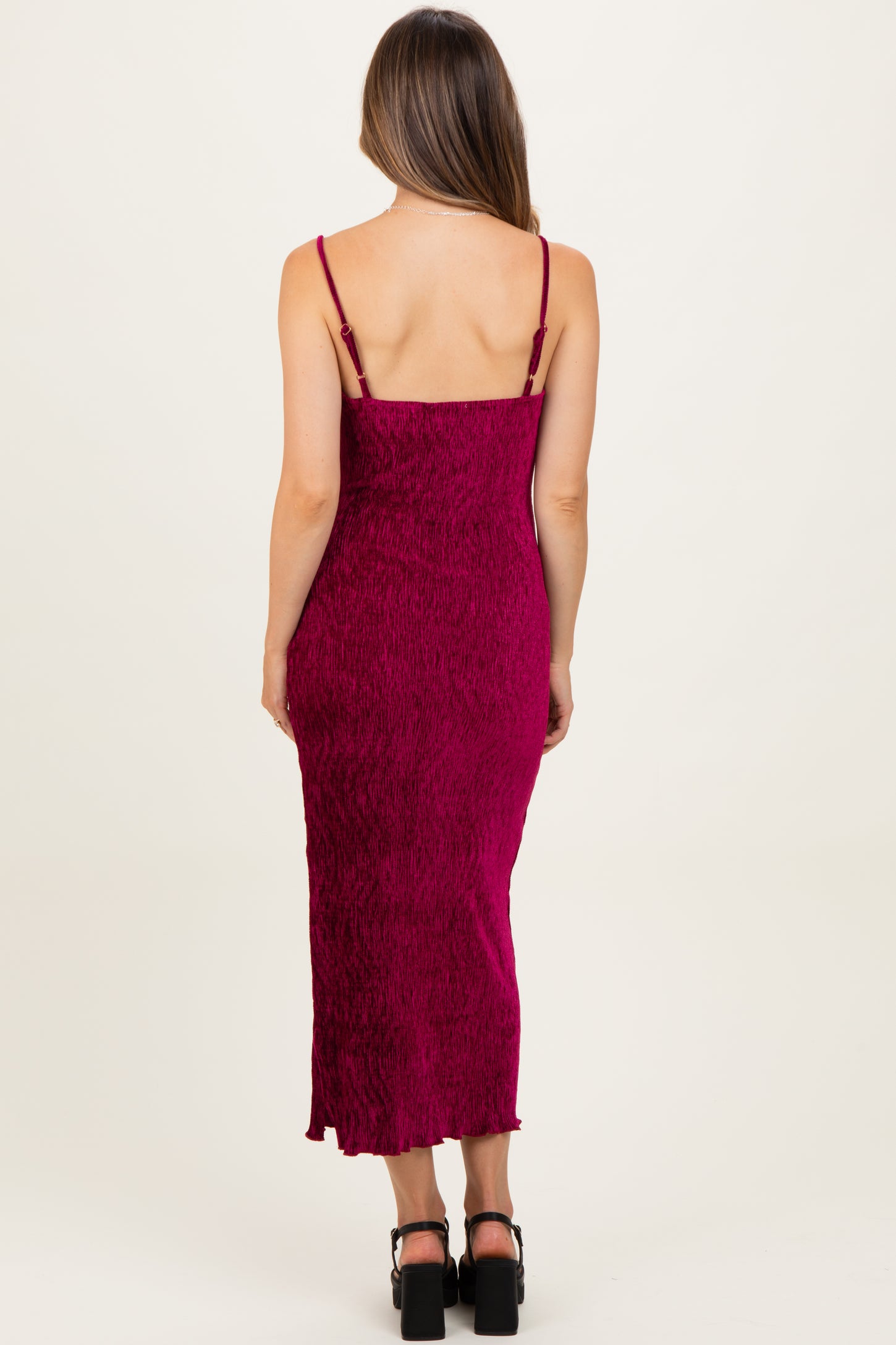 Burgundy Velvet Sleeveless Side Slit Maternity Midi Dress