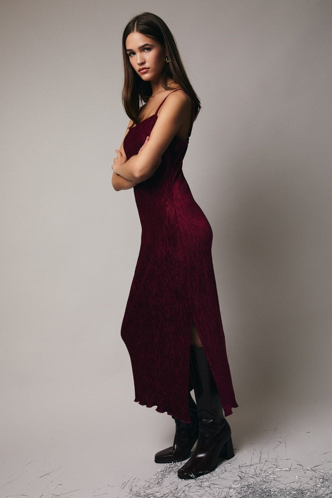 Burgundy Velvet Sleeveless Side Slit Midi Dress