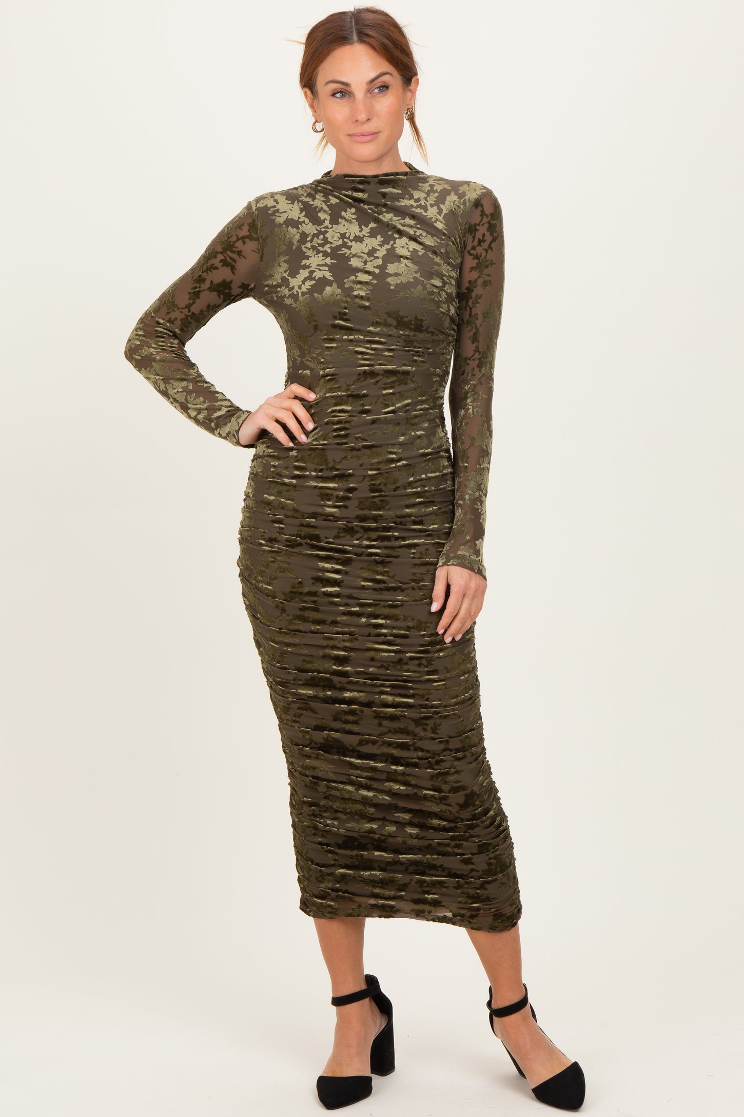 Olive Floral Velvet Mesh Ruched Midi Dress