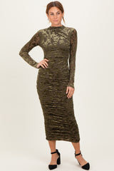 Olive Floral Velvet Mesh Ruched Midi Dress