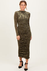 Olive Floral Velvet Mesh Ruched Midi Dress