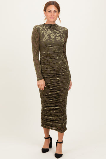 Olive Floral Velvet Mesh Ruched Midi Dress