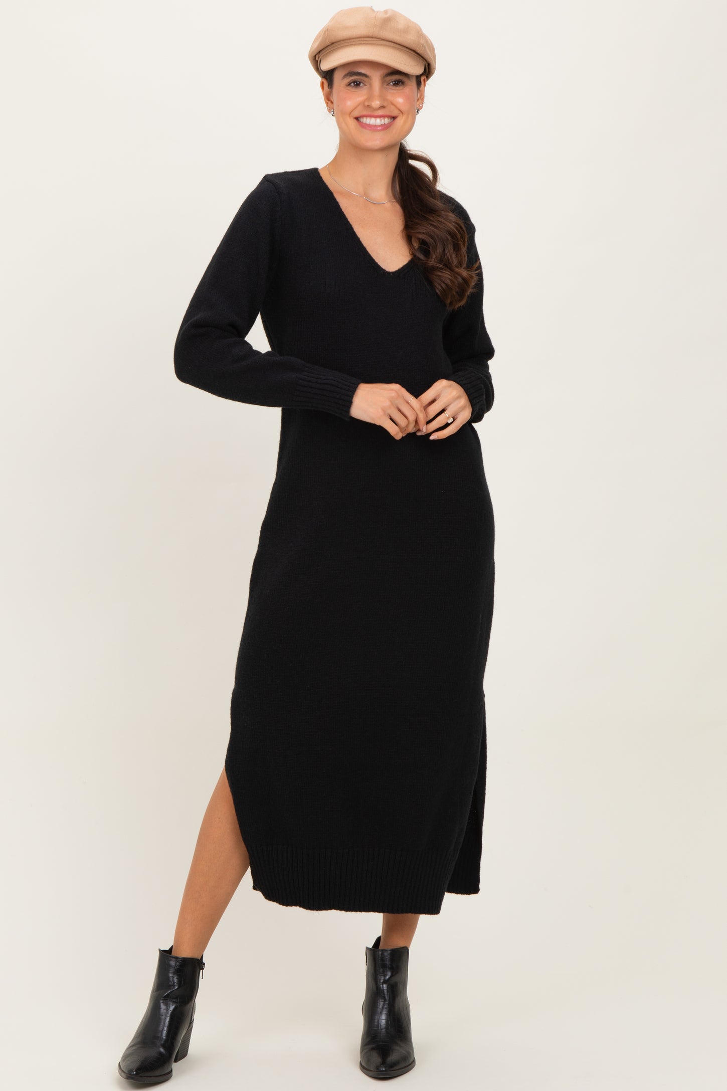 Black V-Neck Relaxed Fit Sweater Dress