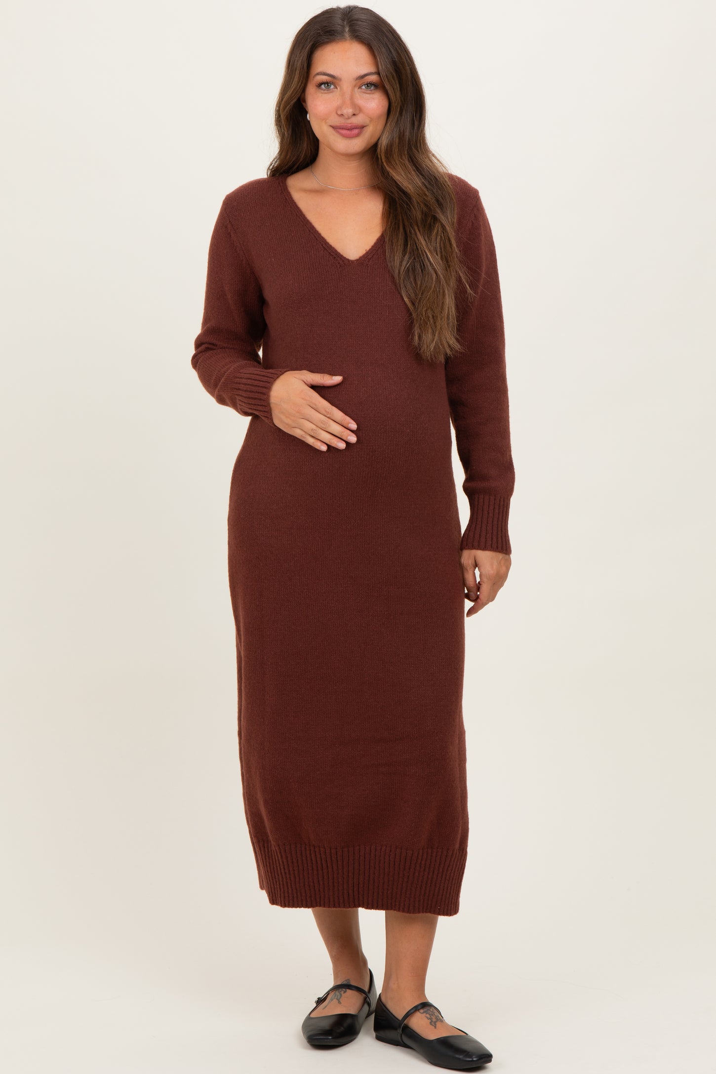 Brown V-Neck Relaxed Fit Maternity Sweater Dress