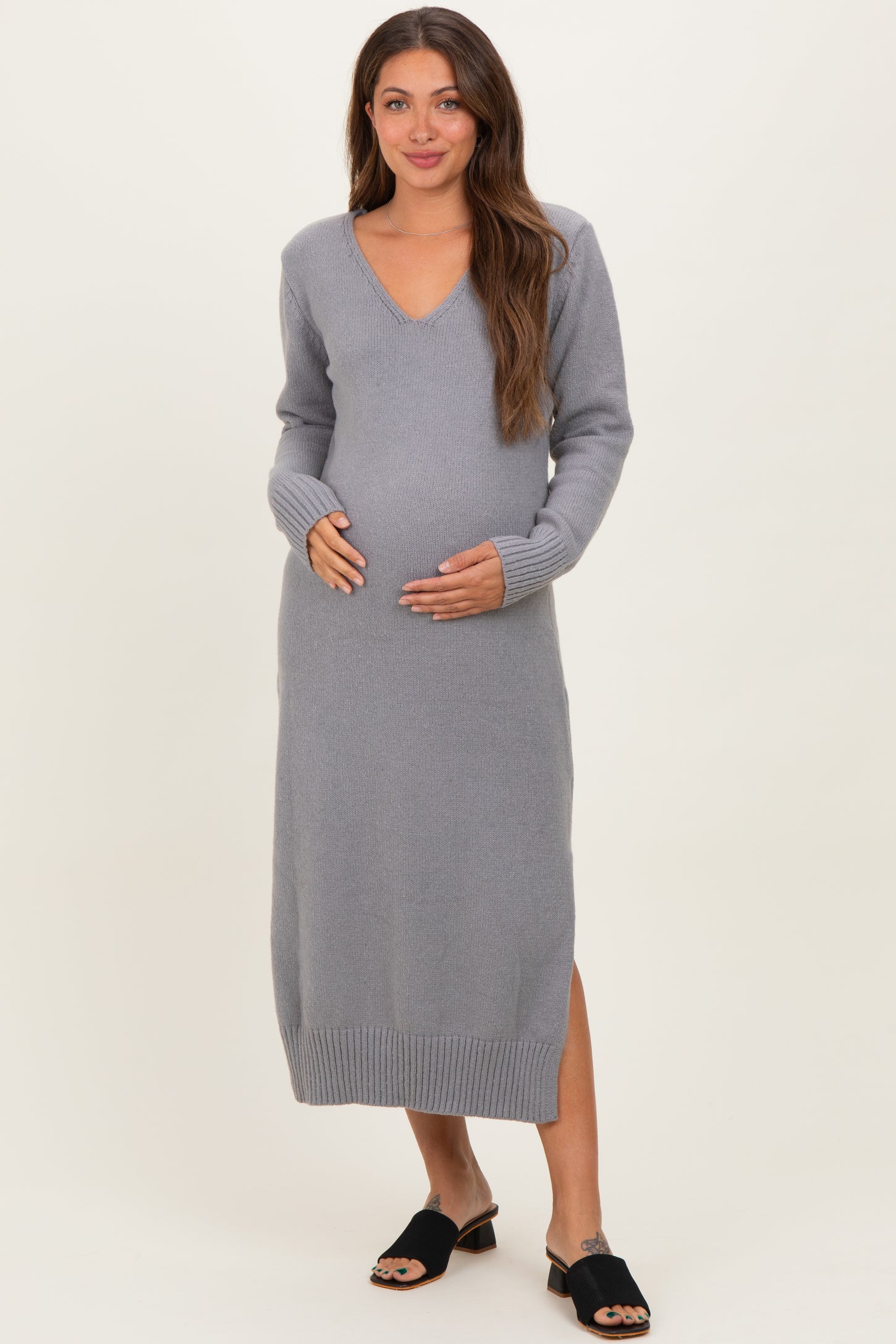 Heather Grey V-Neck Relaxed Fit Maternity Sweater Dress
