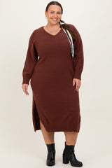 Brown V-Neck Relaxed Fit Maternity Plus Sweater Dress