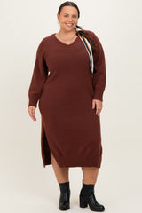 Brown V-Neck Relaxed Fit Plus Sweater Dress