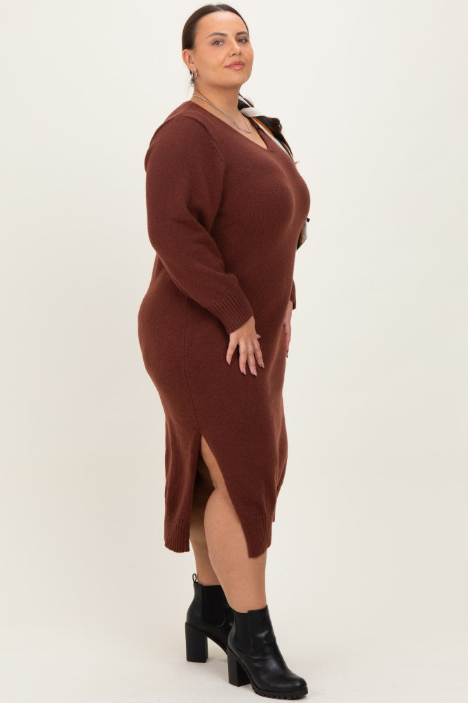 Brown V-Neck Relaxed Fit Plus Sweater Dress