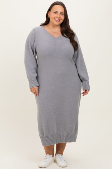 Heather Grey V-Neck Relaxed Fit Plus Sweater Dress