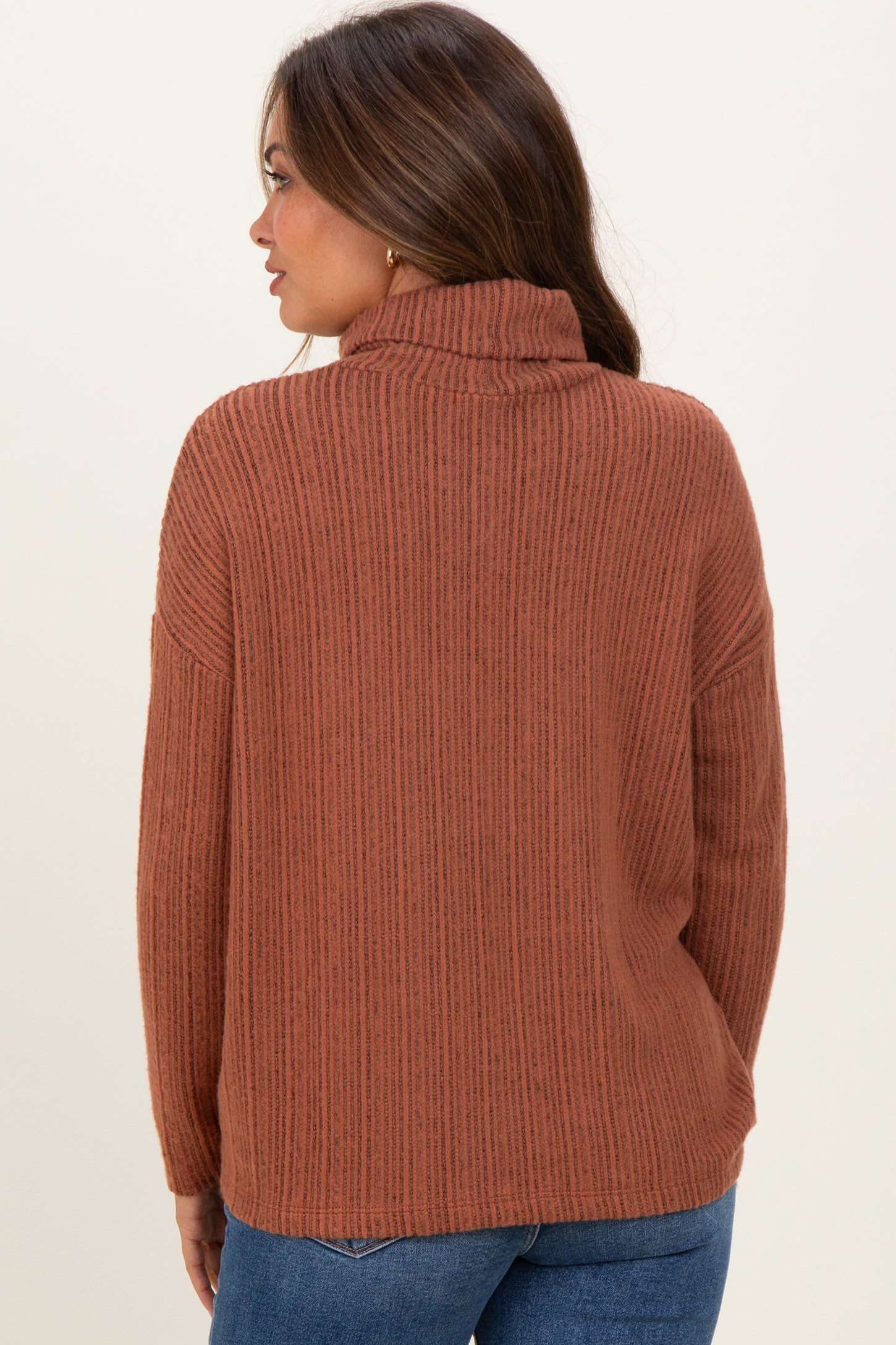 Rust Ribbed Turtle Neck Maternity  Long Sleeve Top
