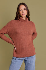 Rust Ribbed Turtle Neck Long Sleeve Top