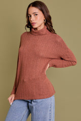 Rust Ribbed Turtle Neck Long Sleeve Top