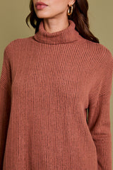 Rust Ribbed Turtle Neck Long Sleeve Top