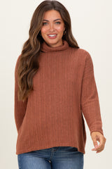 Rust Ribbed Turtle Neck Maternity  Long Sleeve Top