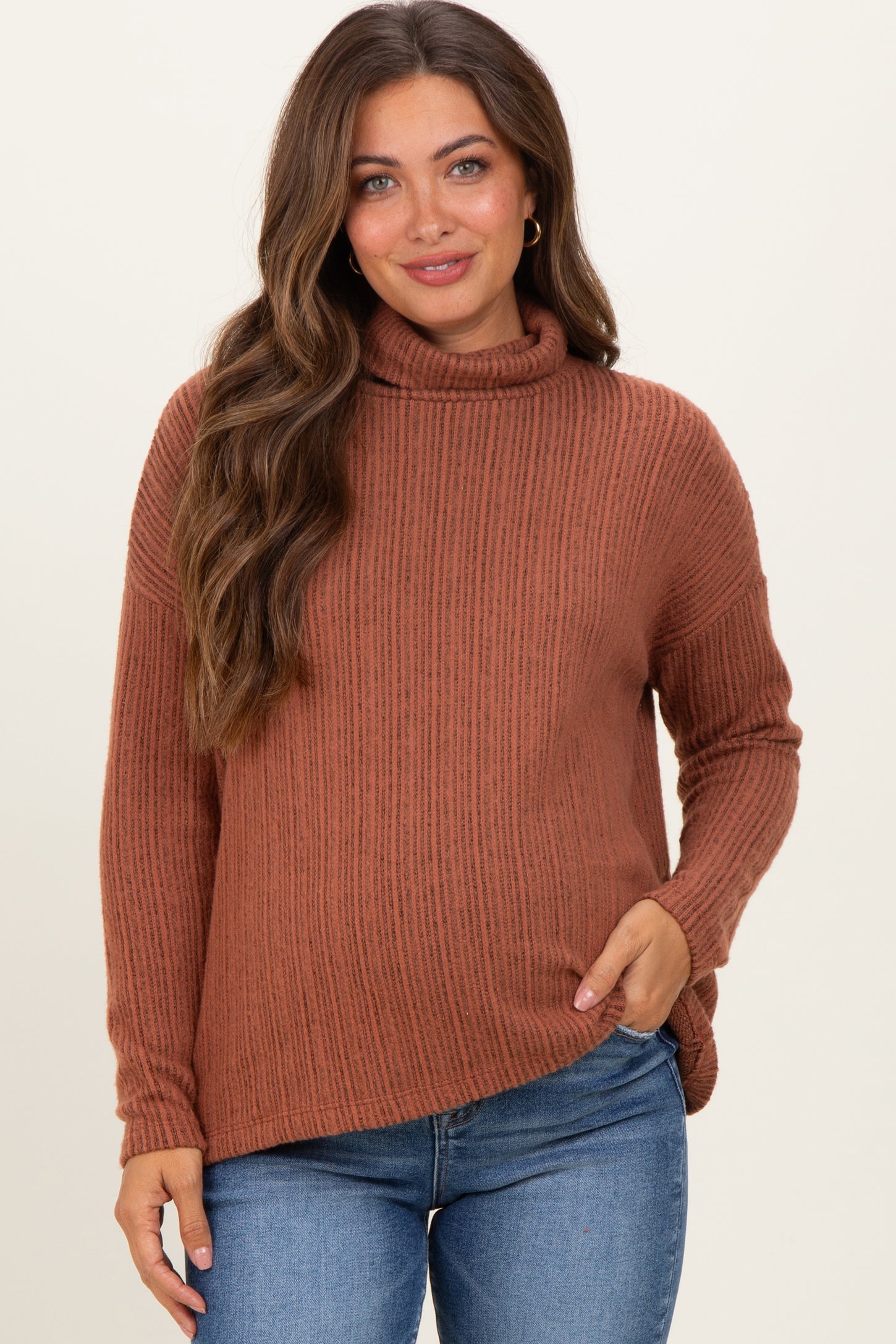 Rust Ribbed Turtle Neck Maternity  Long Sleeve Top