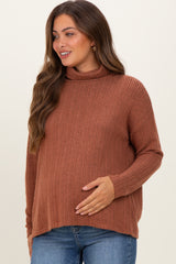 Rust Ribbed Turtle Neck Maternity  Long Sleeve Top