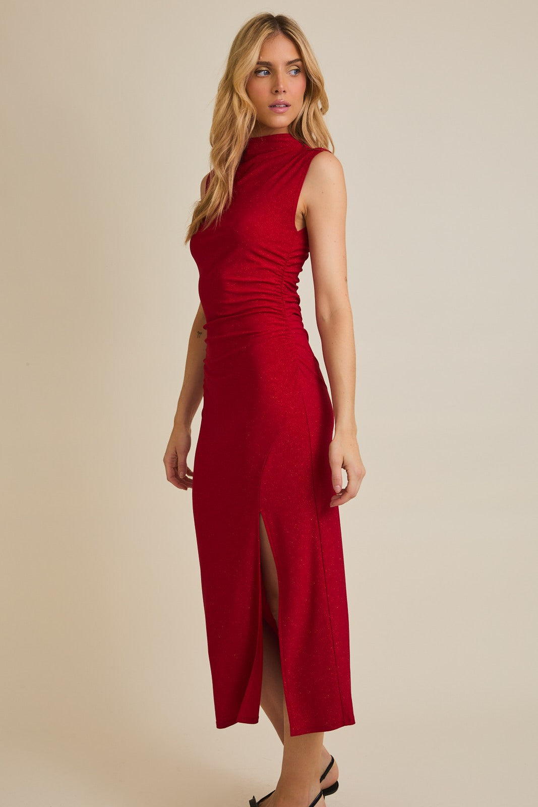 Red Glitter Ruched Side Slit Midi Dress