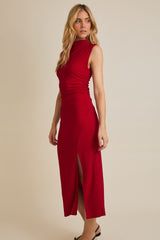 Red Glitter Ruched Side Slit Midi Dress
