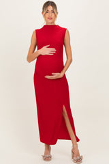 Red Glitter Ruched Side Slit Maternity Midi Dress