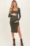 Olive Knit Square Neck Slit Maternity Midi Dress