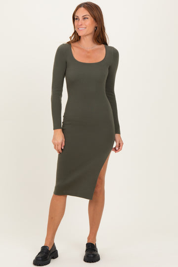 Olive Knit Square Neck Slit Midi Dress