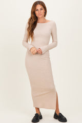 Beige Scoop Back Long Sleeve Maternity Maxi Dress