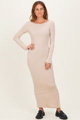 Beige Scoop Back Long Sleeve Maxi Dress