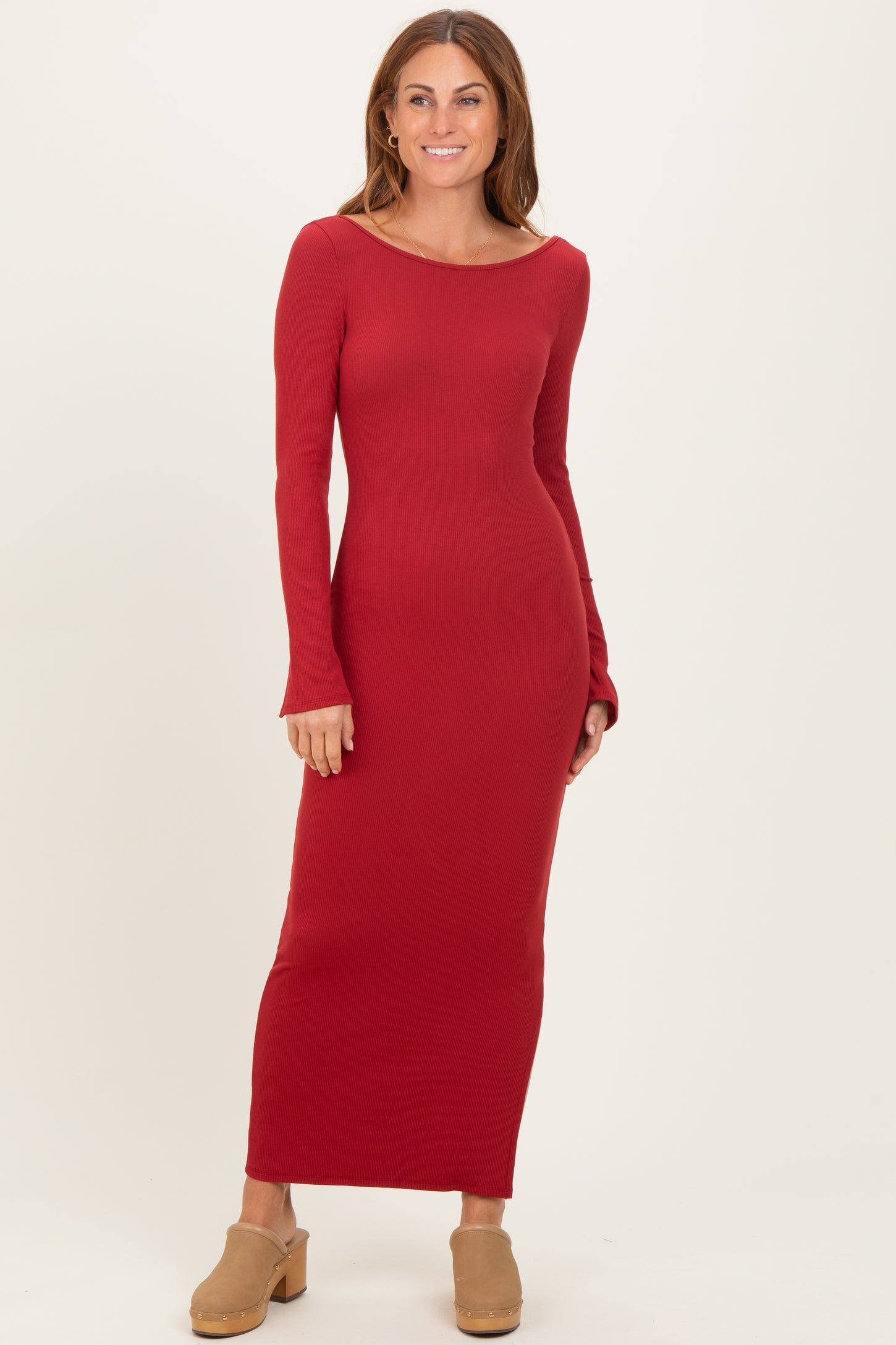 Red Scoop Back Long Sleeve Maternity Maxi Dress