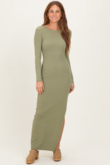 Light Olive Ribbed Long Sleeve Side Slit Maternity Maxi Dress