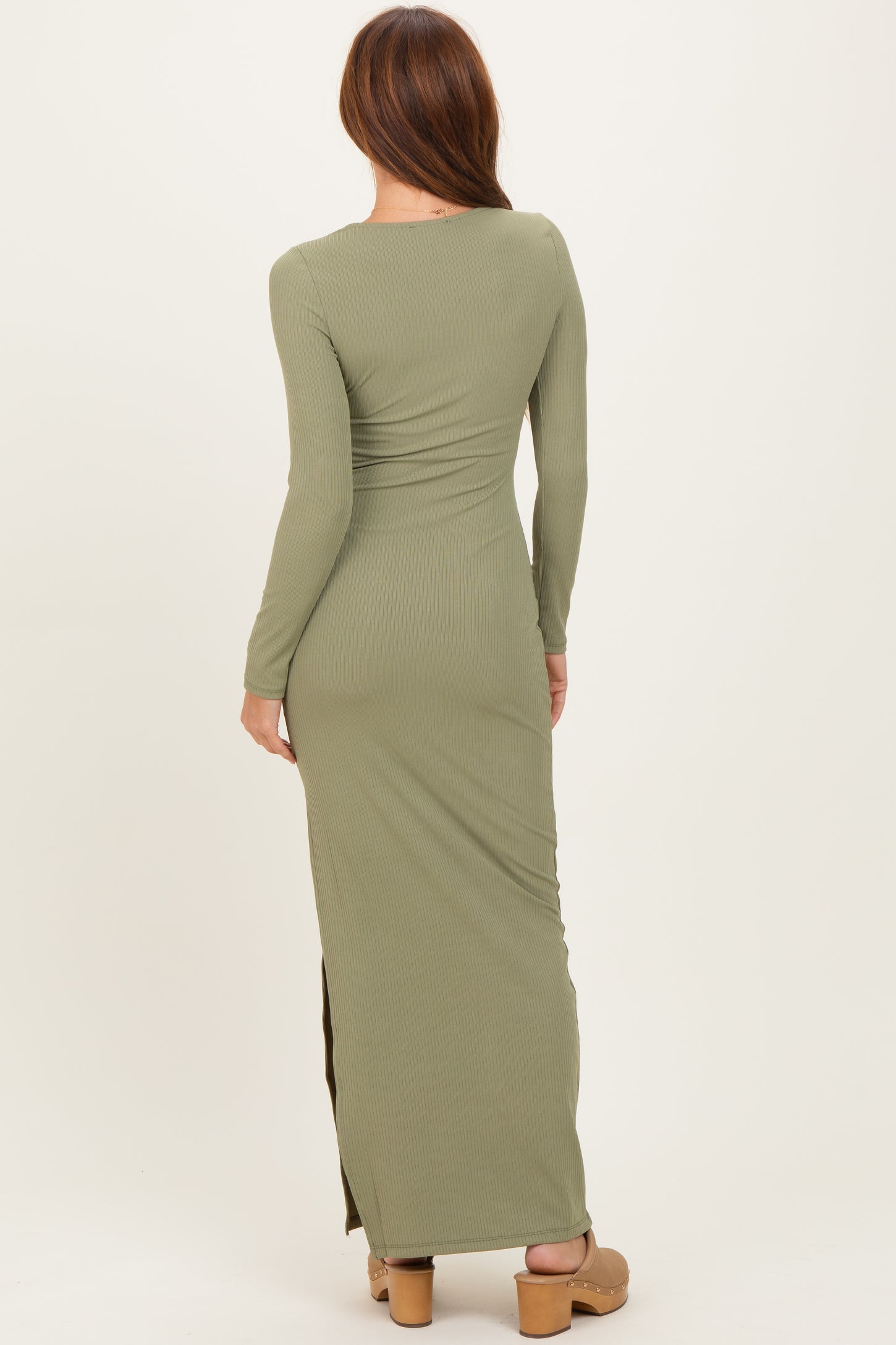 Light Olive Ribbed Long Sleeve Side Slit Maxi Dress