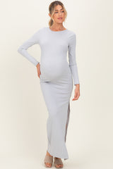 Light Grey Ribbed Long Sleeve Side Slit Maternity Maxi Dress