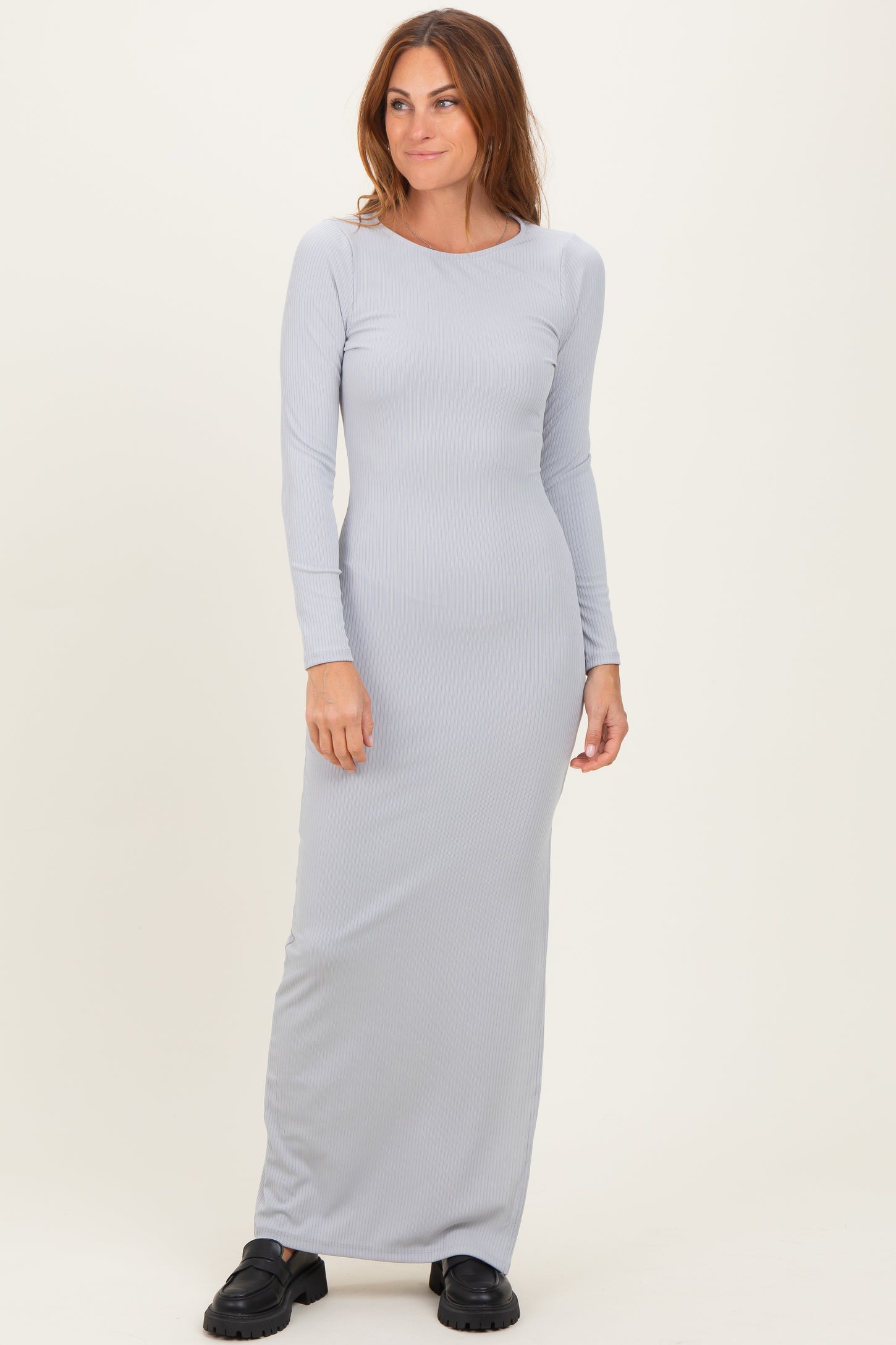 Light Grey Ribbed Long Sleeve Side Slit Maxi Dress