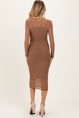 Mocha Rhinestone Mesh Long Sleeve Maternity Midi Dress