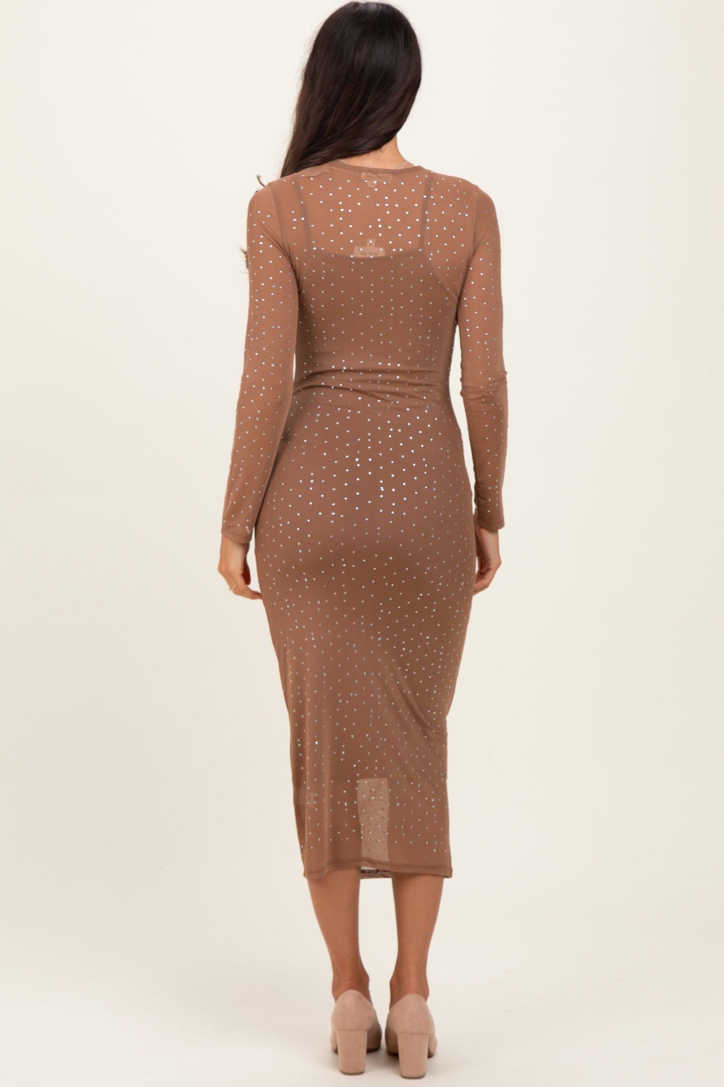 Mocha Rhinestone Mesh Long Sleeve Midi Dress