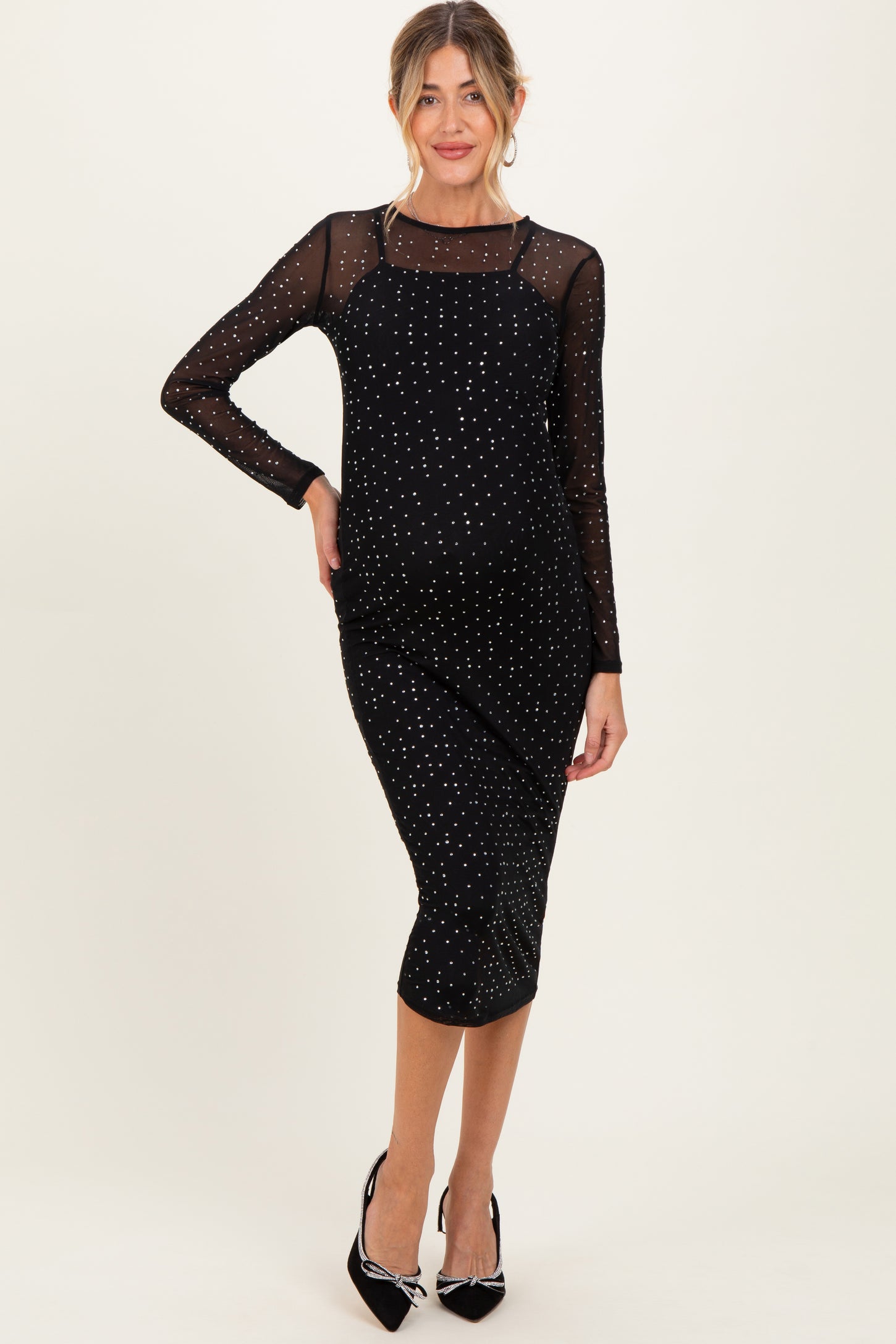 Black Rhinestone Mesh Long Sleeve Maternity Midi Dress