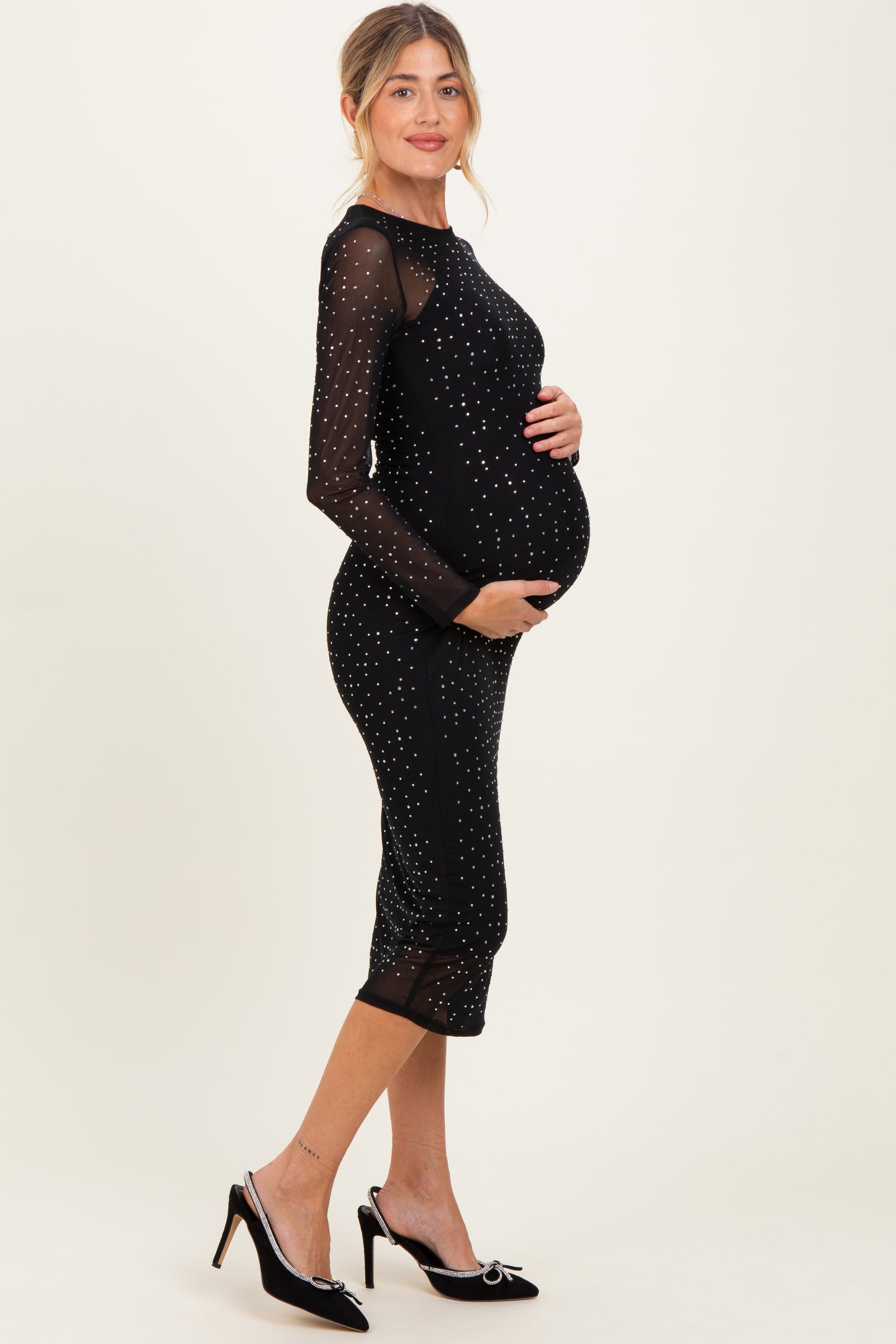 Black Rhinestone Mesh Long Sleeve Maternity Midi Dress