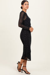 Black Rhinestone Mesh Long Sleeve Midi Dress