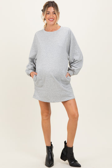 Heather Grey Bubble Sleeve Maternity Sweatshirt Mini Dress