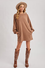 Mocha Bubble Sleeve Sweatshirt Mini Dress