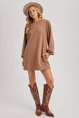 Mocha Bubble Sleeve Sweatshirt Mini Dress