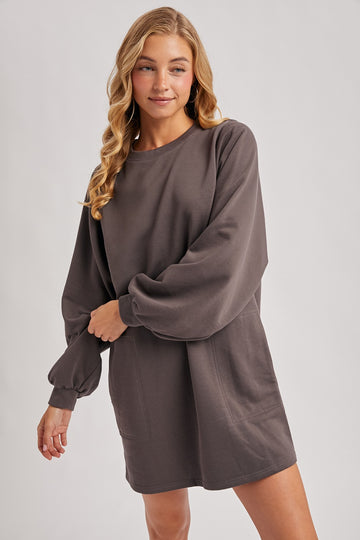 Charcoal Bubble Sleeve Sweatshirt Mini Dress