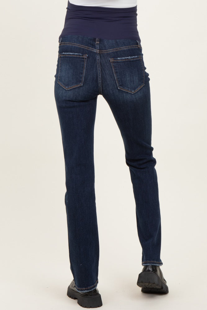Navy Blue Distressed Hem Slim Straight Leg Maternity Jeans
