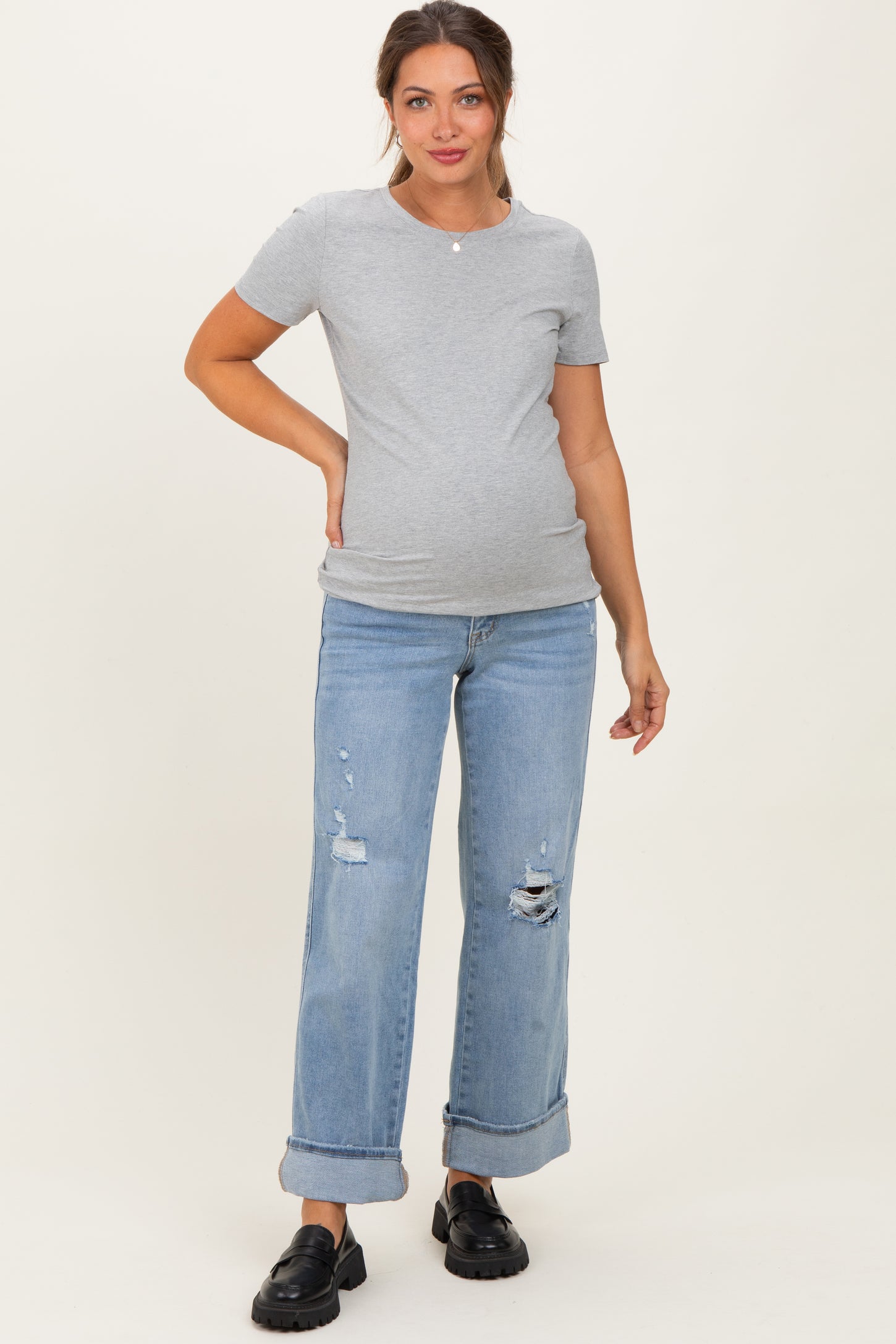 Light Blue Distressed Knee Cuffed Ankle Wide Leg Maternity Jeans