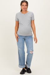 Light Blue Distressed Knee Cuffed Ankle Wide Leg Maternity Jeans
